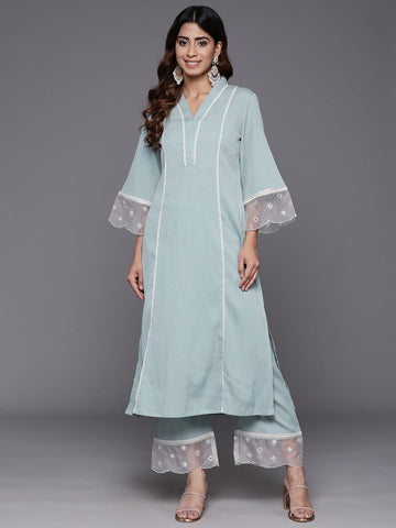 Varanga Women Sea Green Organza And Lace Detailed Kurta Set